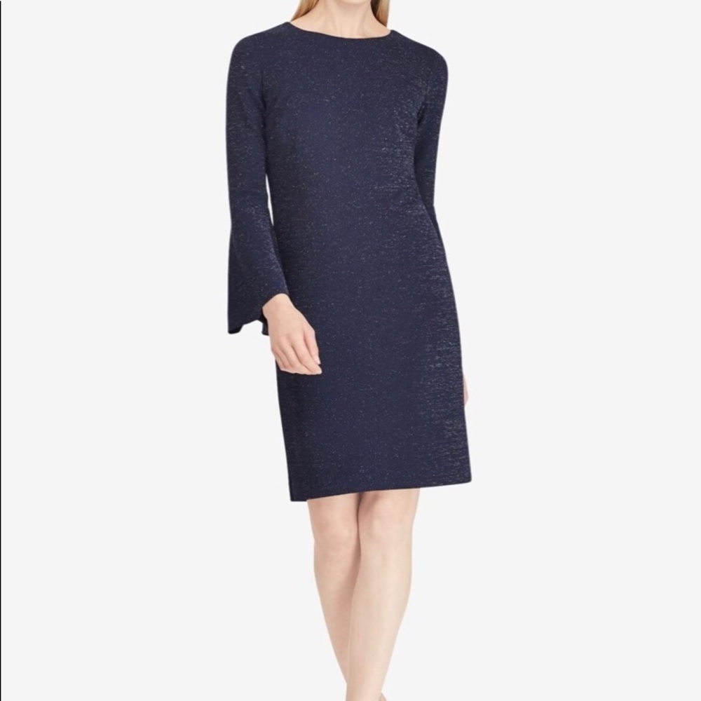 Lauren by Ralph Lauren navy shimmer shift dress with bell sleeves.